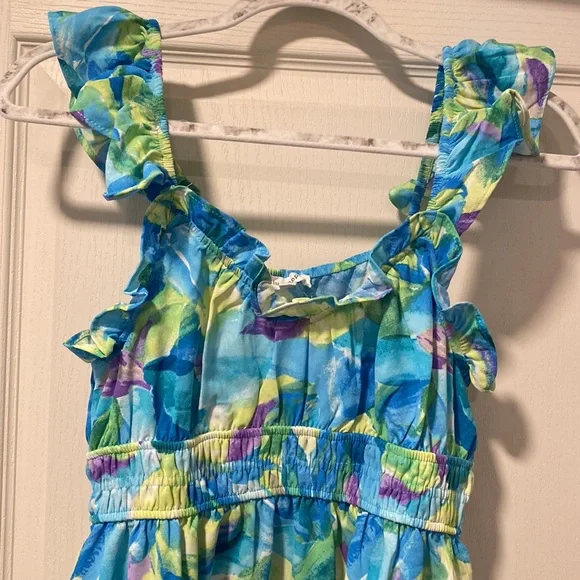 NWOT Blu Pepper L Blue/Green/Purple Palm Pattern Ruffle Dress - Picture 2 of 9
